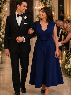 Greta Constantine Patchoulli, Elegant Navy Scalloped V-Neck Midi Dress with bow